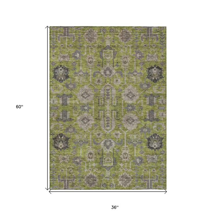 3' X 5' Olive Green Gray And Charcoal Oriental Washable Indoor Outdoor Area Rug