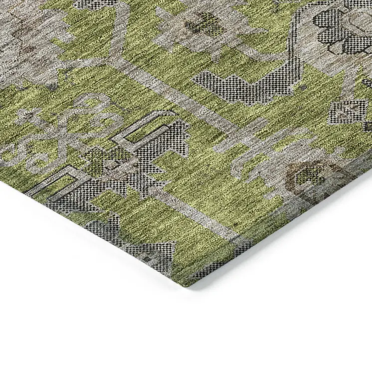 3' X 5' Olive Green Gray And Charcoal Oriental Washable Indoor Outdoor Area Rug