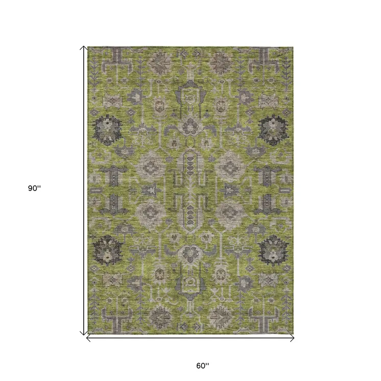 5' X 8' Olive Green Gray And Charcoal Oriental Washable Indoor Outdoor Area Rug