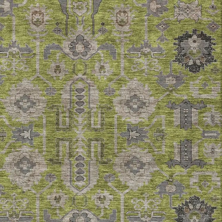 5' X 8' Olive Green Gray And Charcoal Oriental Washable Indoor Outdoor Area Rug