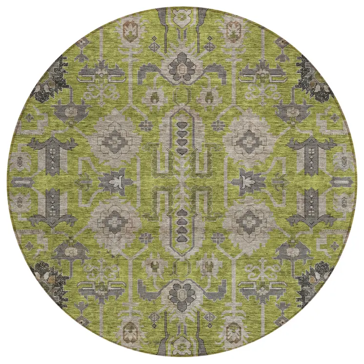 8' Olive Green Gray And Charcoal Round Oriental Washable Indoor Outdoor Area Rug