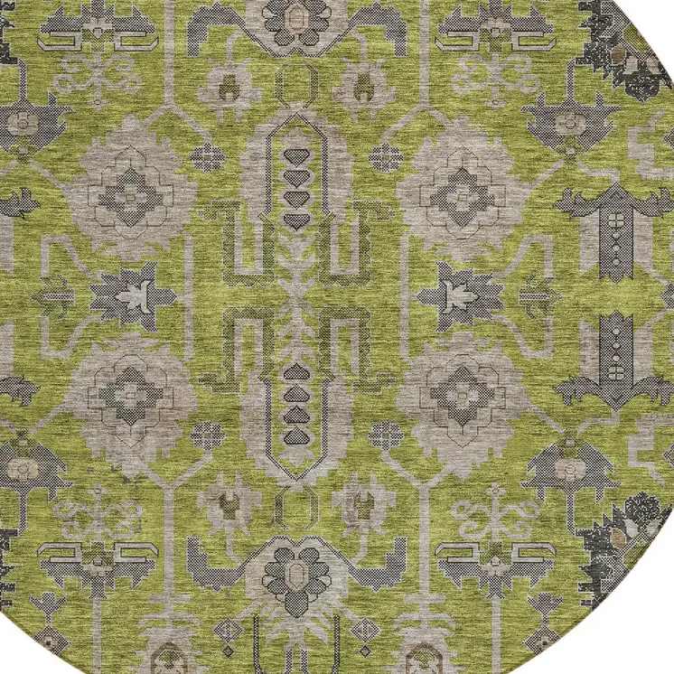8' Olive Green Gray And Charcoal Round Oriental Washable Indoor Outdoor Area Rug