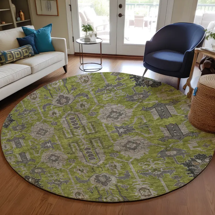 8' Olive Green Gray And Charcoal Round Oriental Washable Indoor Outdoor Area Rug