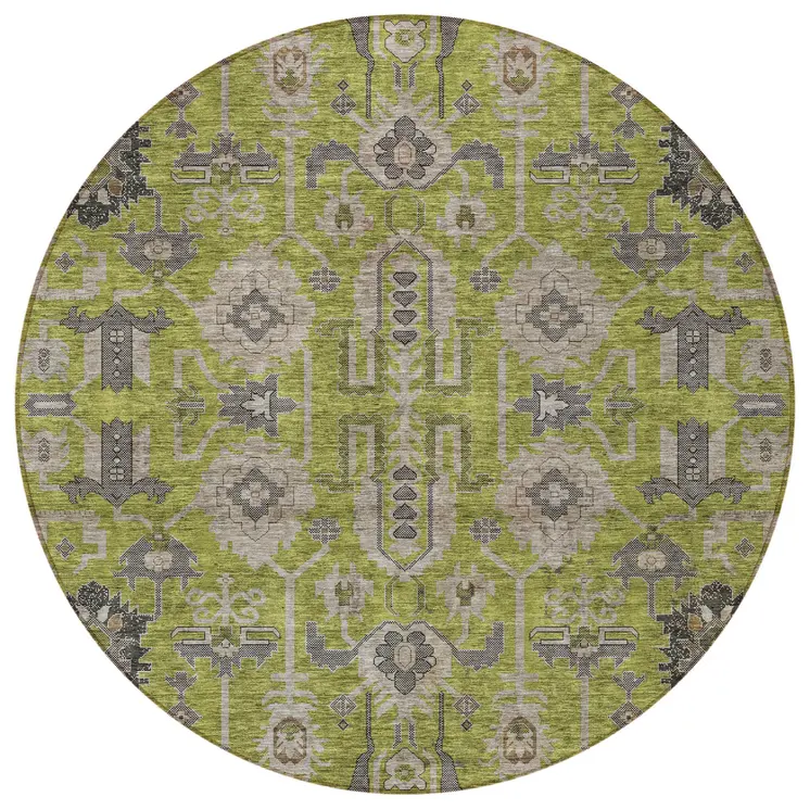 8' Olive Green Gray And Charcoal Round Oriental Washable Indoor Outdoor Area Rug