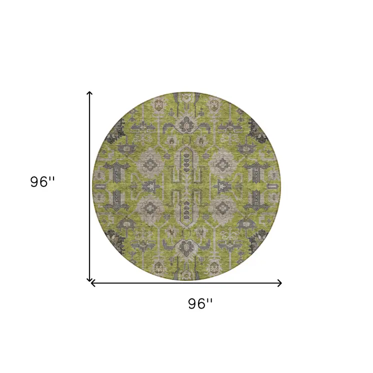8' Olive Green Gray And Charcoal Round Oriental Washable Indoor Outdoor Area Rug
