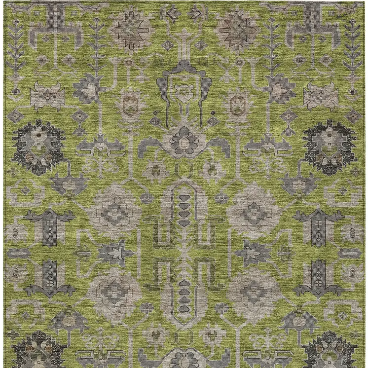 9' X 12' Olive Green Gray And Charcoal Oriental Washable Indoor Outdoor Area Rug