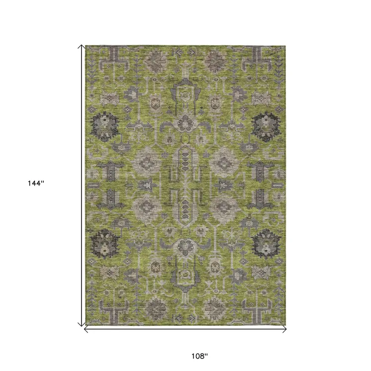 9' X 12' Olive Green Gray And Charcoal Oriental Washable Indoor Outdoor Area Rug
