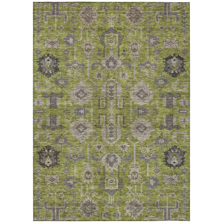 9' X 12' Olive Green Gray And Charcoal Oriental Washable Indoor Outdoor Area Rug