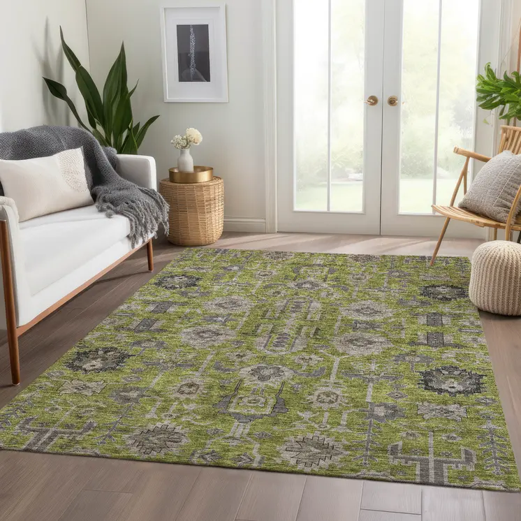 9' X 12' Olive Green Gray And Charcoal Oriental Washable Indoor Outdoor Area Rug