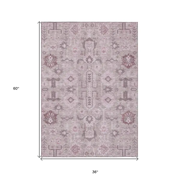 3' X 5' Pink Mauve And Blush Oriental Washable Indoor Outdoor Area Rug