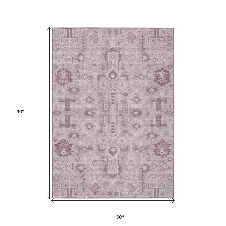 5' X 8' Pink Mauve And Blush Oriental Washable Indoor Outdoor Area Rug