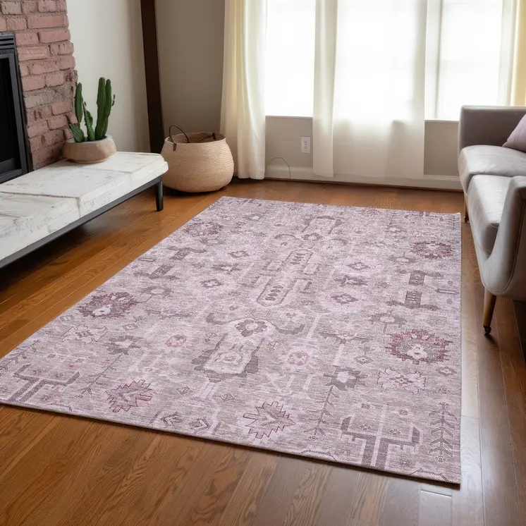 5' X 8' Pink Mauve And Blush Oriental Washable Indoor Outdoor Area Rug