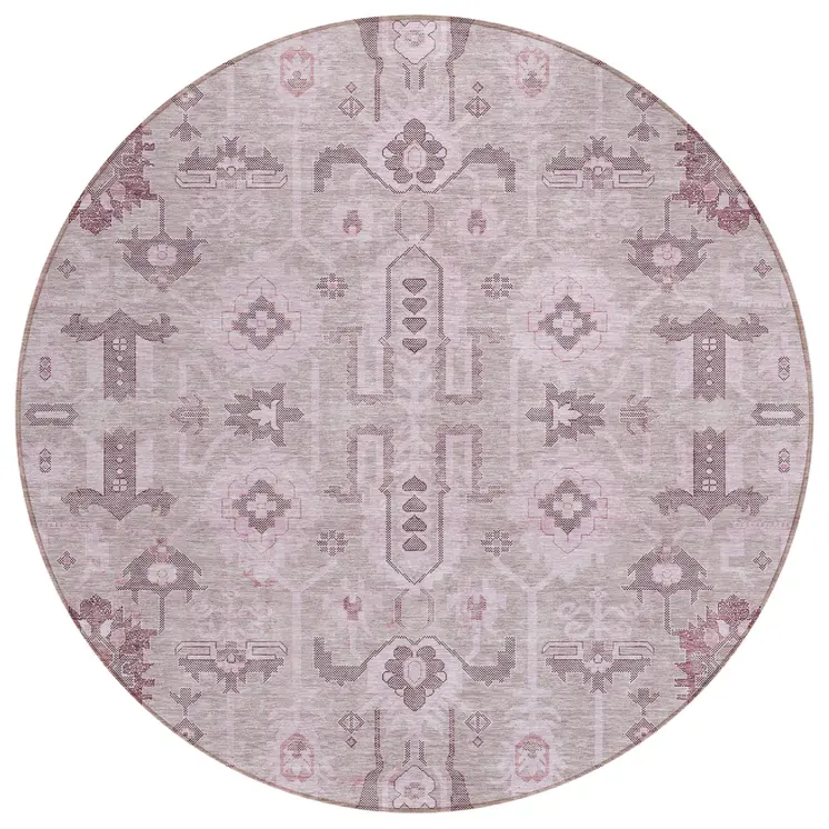 8' Pink Mauve And Blush Round Oriental Washable Indoor Outdoor Area Rug