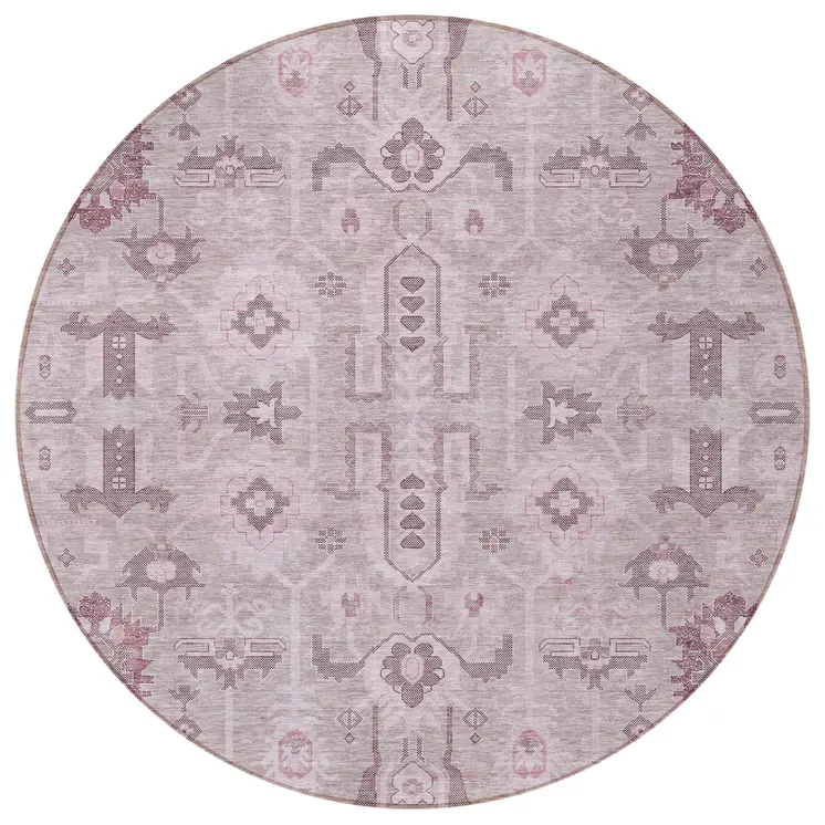 8' Pink Mauve And Blush Round Oriental Washable Indoor Outdoor Area Rug
