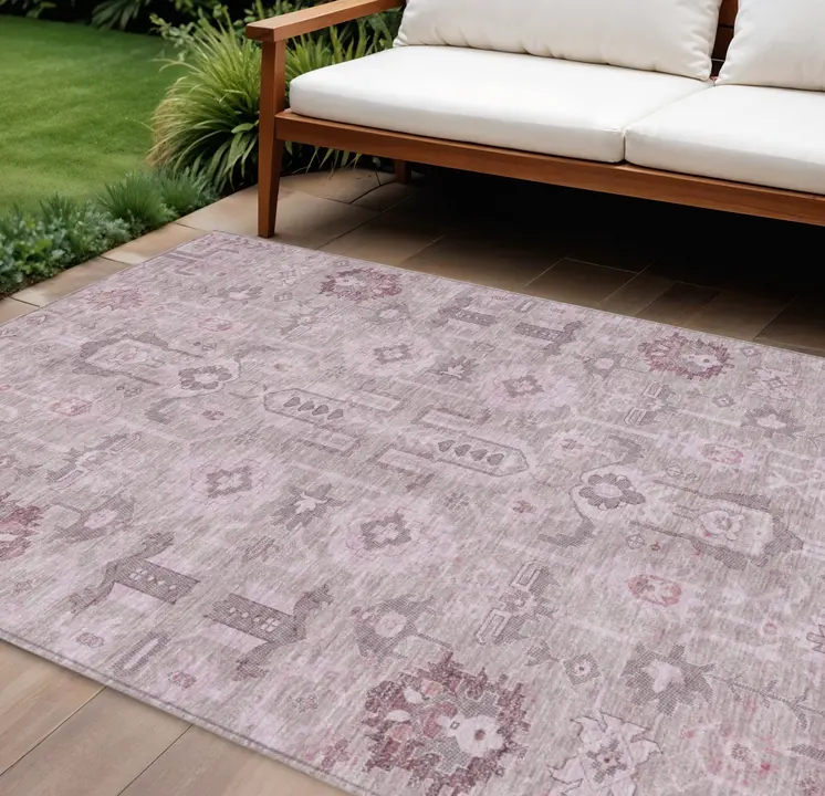8' X 10' Pink Mauve And Blush Oriental Washable Indoor Outdoor Area Rug