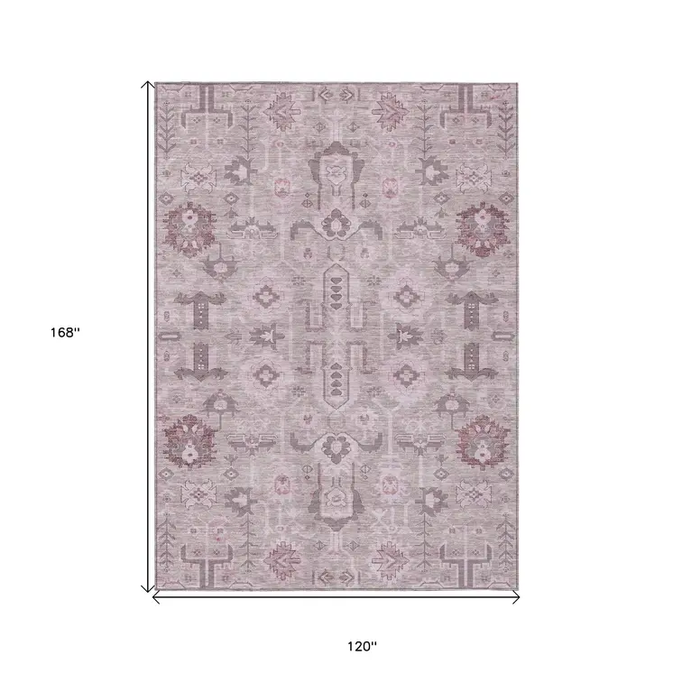 10' X 14' Pink Mauve And Blush Oriental Washable Indoor Outdoor Area Rug