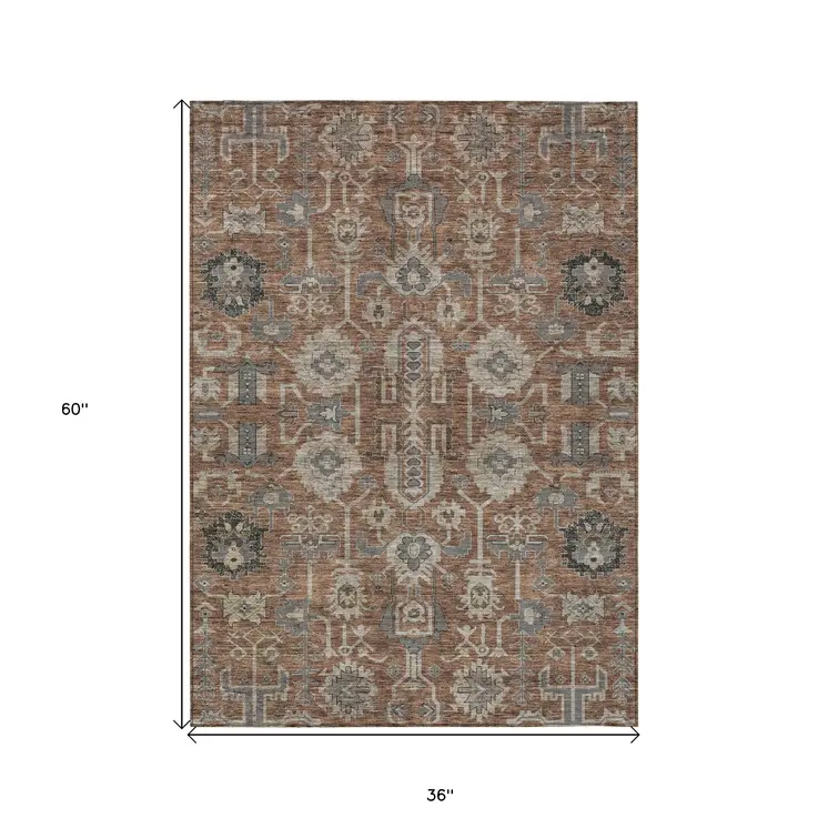 3' X 5' Brown Gray And Charcoal Oriental Washable Indoor Outdoor Area Rug