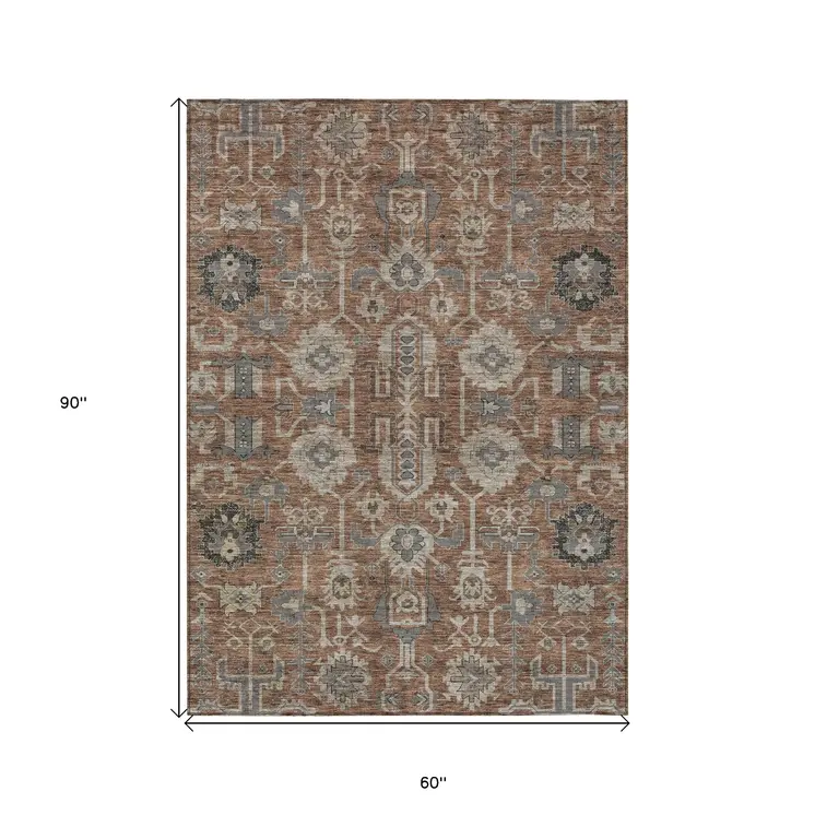 5' X 8' Brown Gray And Charcoal Oriental Washable Indoor Outdoor Area Rug