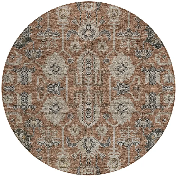 8' Brown Gray And Charcoal Round Oriental Washable Indoor Outdoor Area Rug