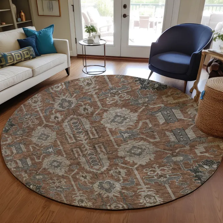 8' Brown Gray And Charcoal Round Oriental Washable Indoor Outdoor Area Rug