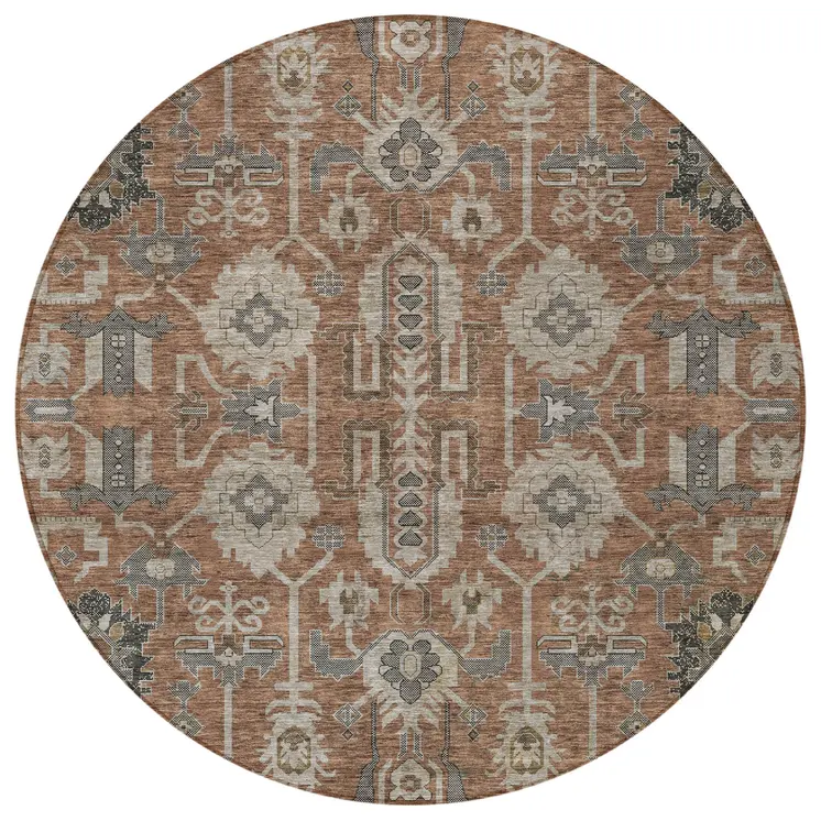 8' Brown Gray And Charcoal Round Oriental Washable Indoor Outdoor Area Rug