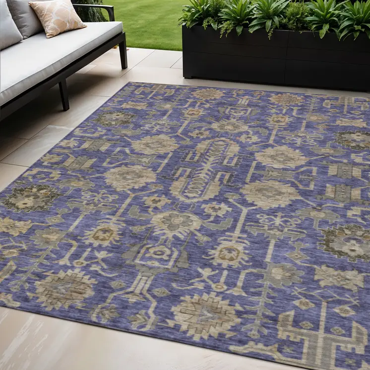 5' X 8' Purple Beige And Taupe Oriental Washable Indoor Outdoor Area Rug