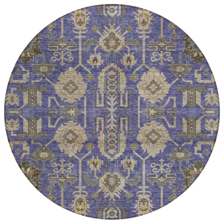 8' Purple Beige And Taupe Round Oriental Washable Indoor Outdoor Area Rug
