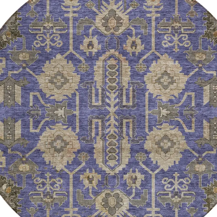 8' Purple Beige And Taupe Round Oriental Washable Indoor Outdoor Area Rug