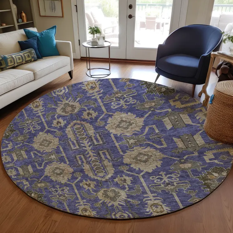 8' Purple Beige And Taupe Round Oriental Washable Indoor Outdoor Area Rug