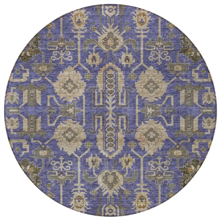 8' Purple Beige And Taupe Round Oriental Washable Indoor Outdoor Area Rug