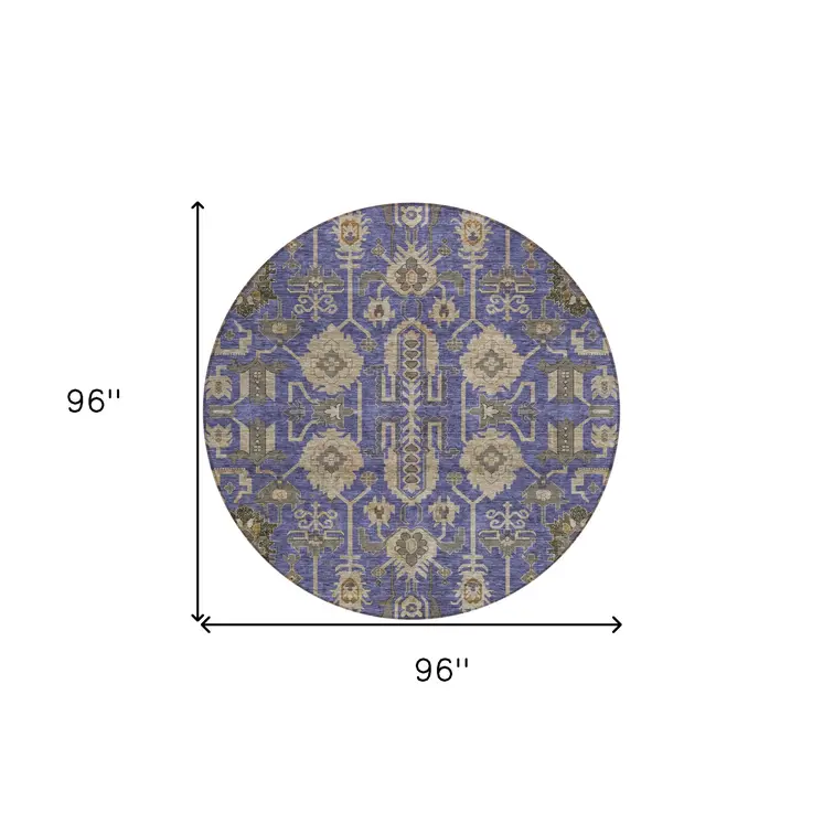 8' Purple Beige And Taupe Round Oriental Washable Indoor Outdoor Area Rug