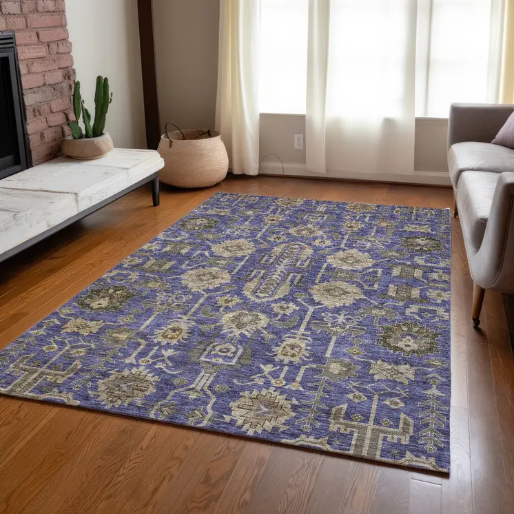 9' X 12' Purple Beige And Taupe Oriental Washable Indoor Outdoor Area Rug