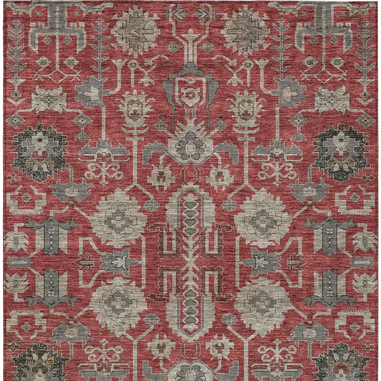 3' X 5' Red Beige And Charcoal Oriental Washable Indoor Outdoor Area Rug