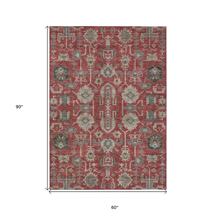 5' X 8' Red Beige And Charcoal Oriental Washable Indoor Outdoor Area Rug