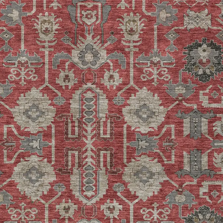 5' X 8' Red Beige And Charcoal Oriental Washable Indoor Outdoor Area Rug