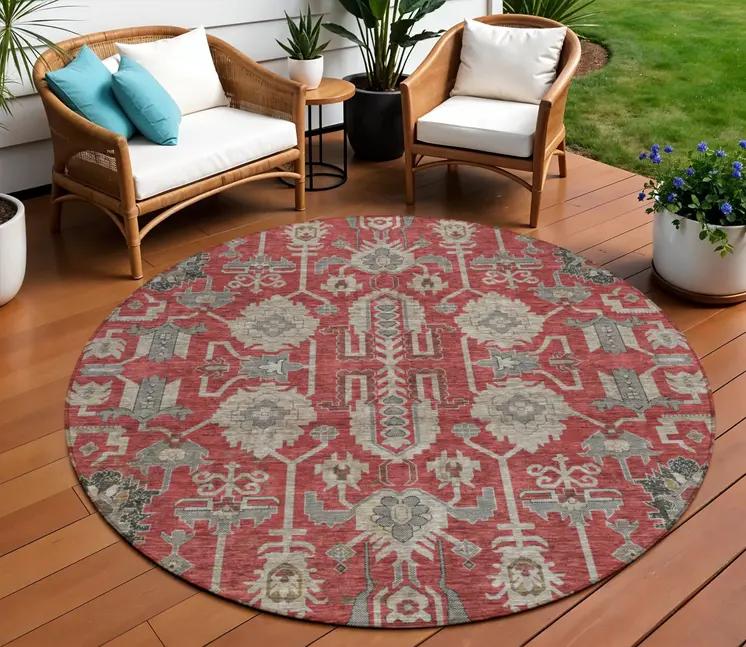 8' Red Beige And Charcoal Round Oriental Washable Indoor Outdoor Area Rug
