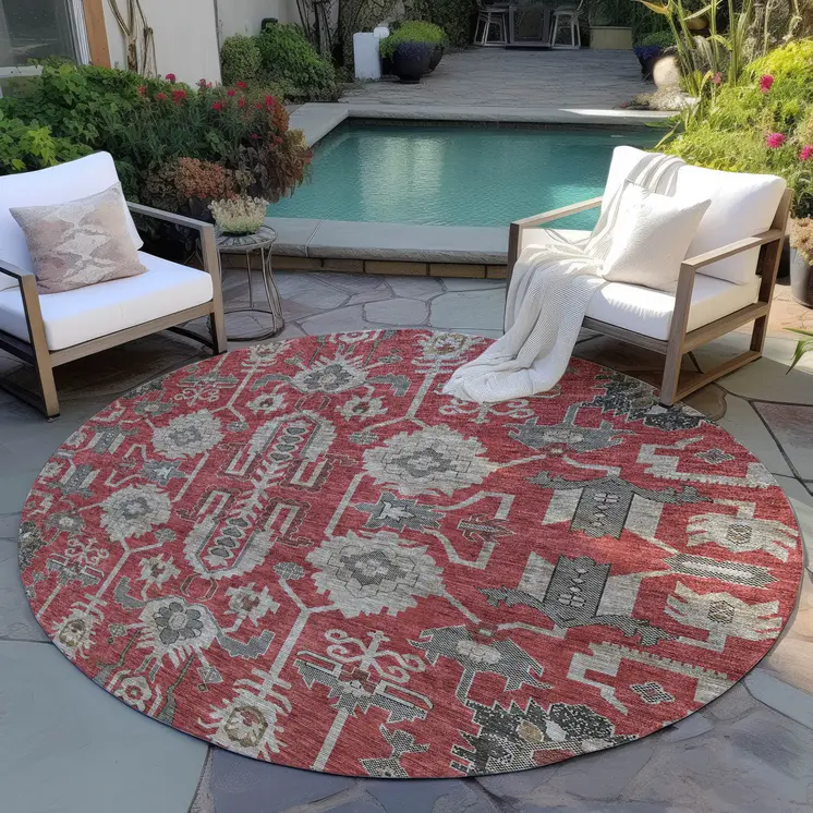 8' Red Beige And Charcoal Round Oriental Washable Indoor Outdoor Area Rug