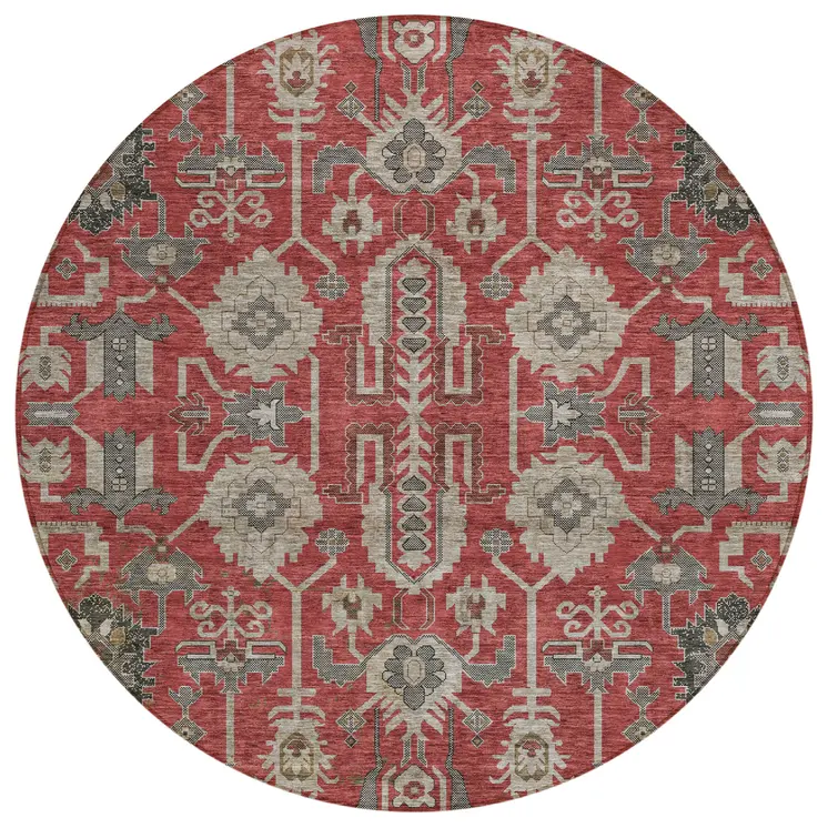 8' Red Beige And Charcoal Round Oriental Washable Indoor Outdoor Area Rug