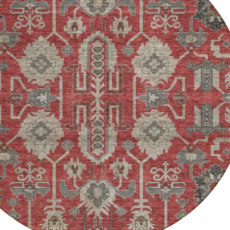 8' Red Beige And Charcoal Round Oriental Washable Indoor Outdoor Area Rug