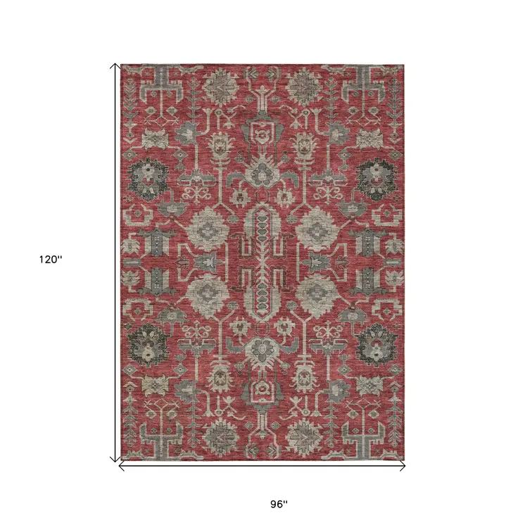 8' X 10' Red Beige And Charcoal Oriental Washable Indoor Outdoor Area Rug