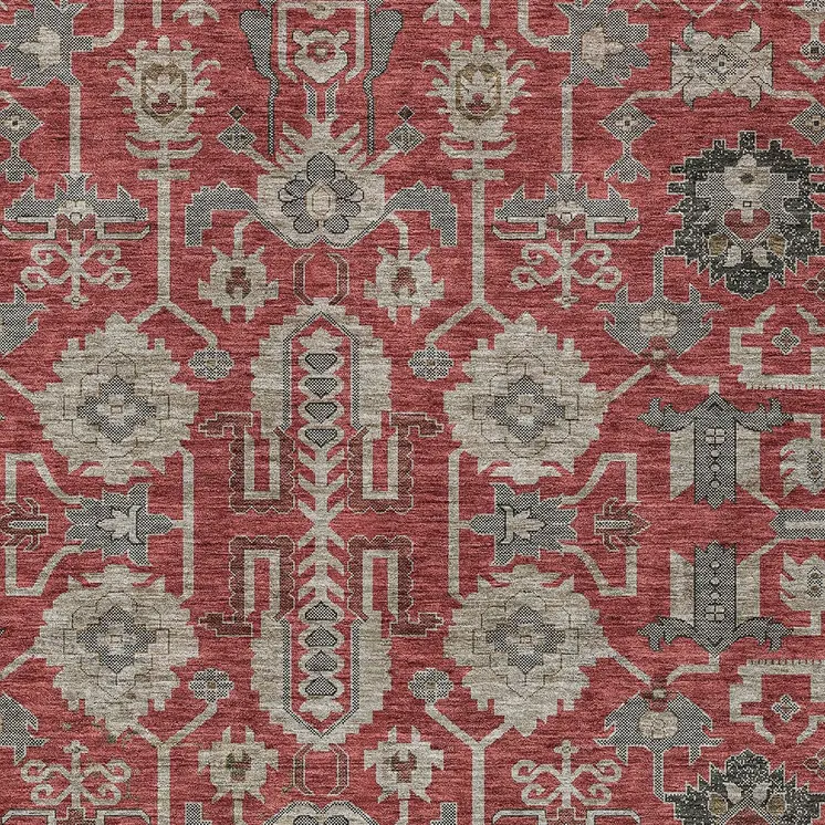 8' X 10' Red Beige And Charcoal Oriental Washable Indoor Outdoor Area Rug