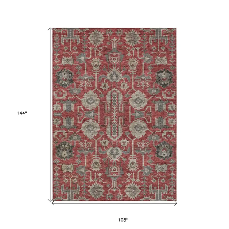 9' X 12' Red Beige And Charcoal Oriental Washable Indoor Outdoor Area Rug