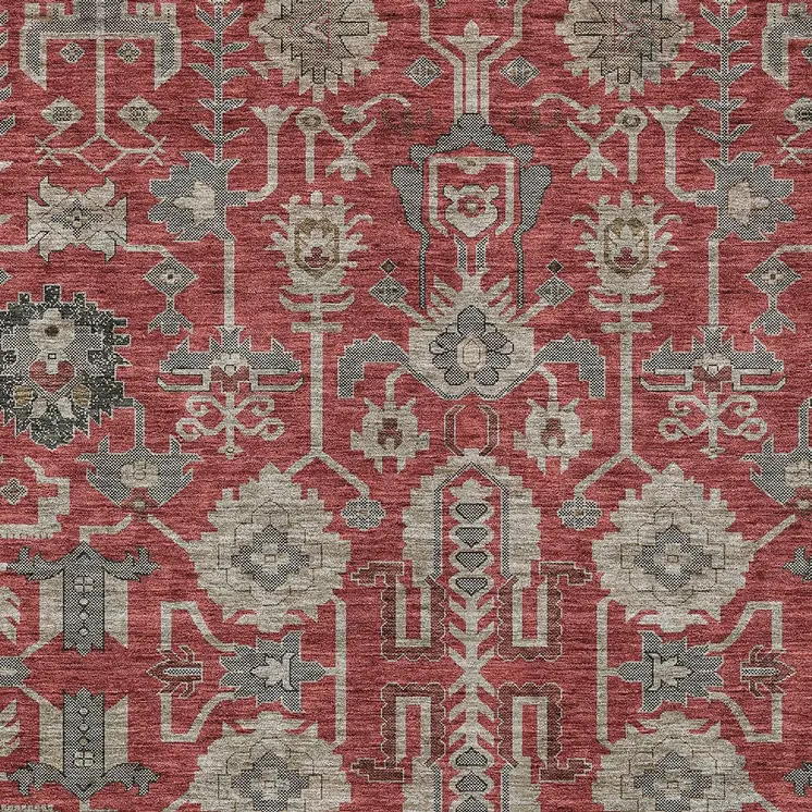9' X 12' Red Beige And Charcoal Oriental Washable Indoor Outdoor Area Rug