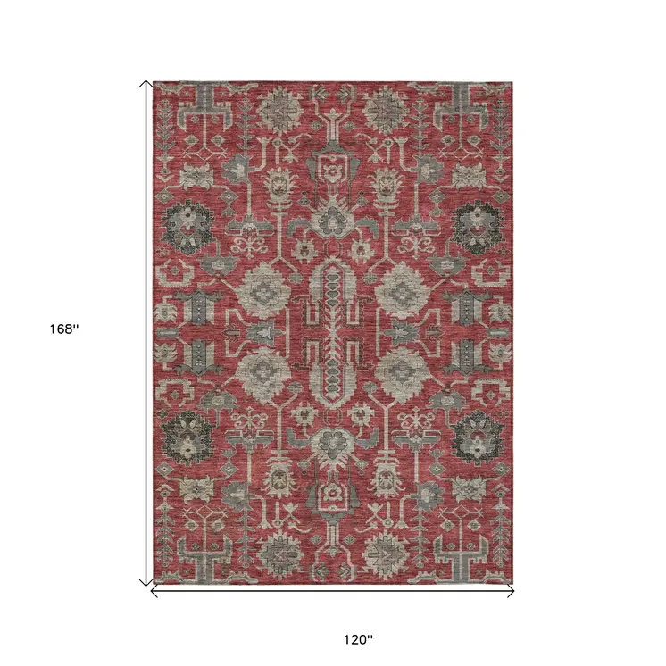10' X 14' Red Beige And Charcoal Oriental Washable Indoor Outdoor Area Rug