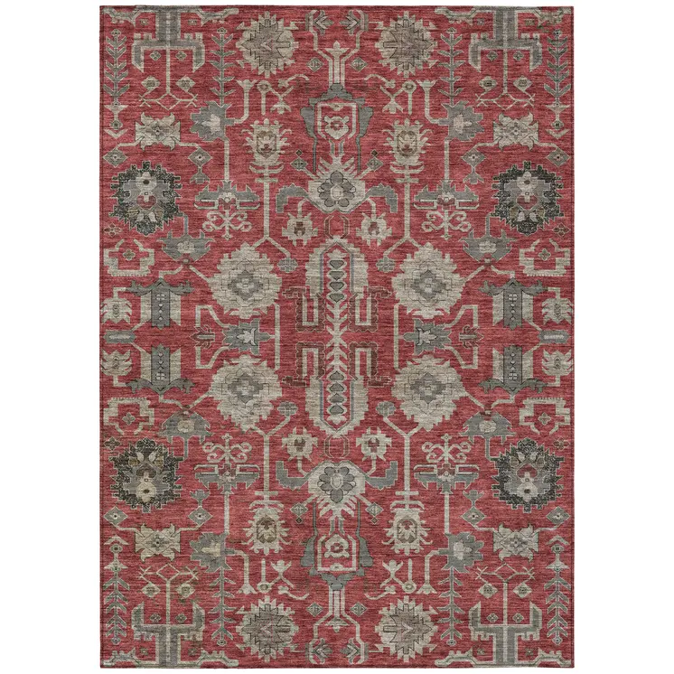 10' X 14' Red Beige And Charcoal Oriental Washable Indoor Outdoor Area Rug