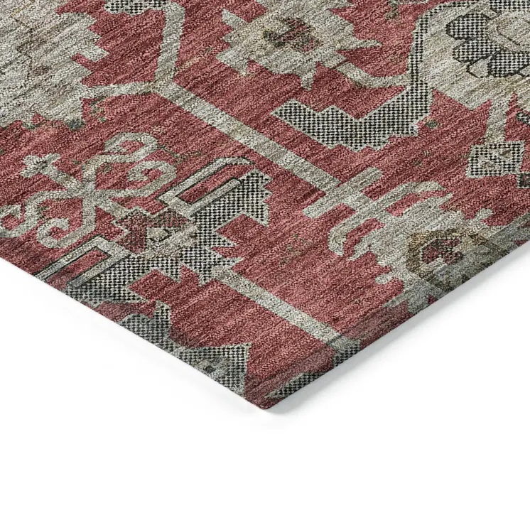 10' X 14' Red Beige And Charcoal Oriental Washable Indoor Outdoor Area Rug
