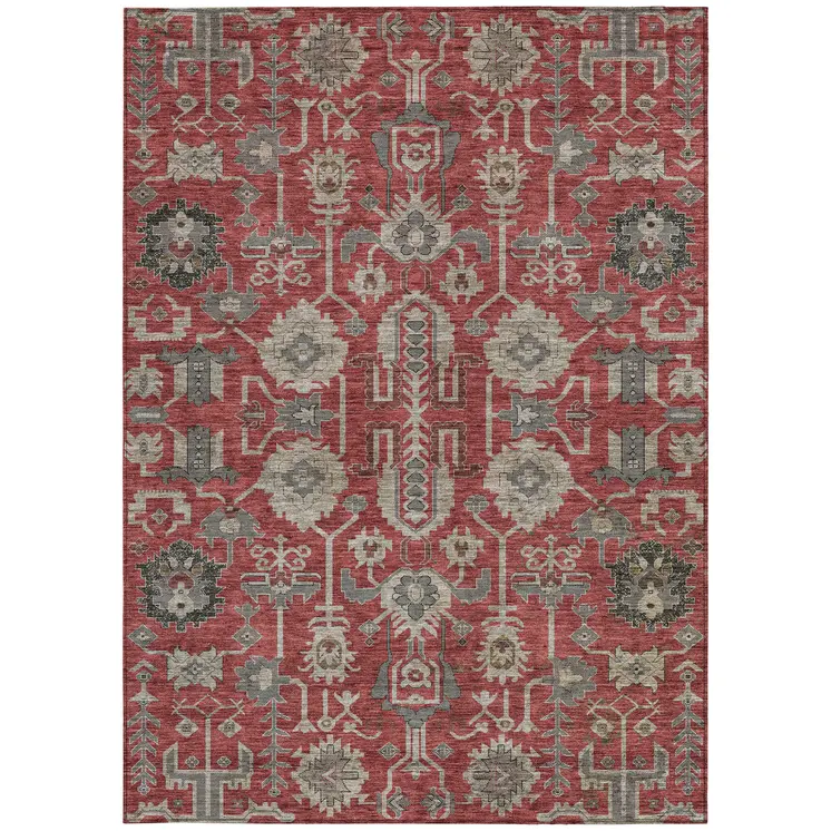 10' X 14' Red Beige And Charcoal Oriental Washable Indoor Outdoor Area Rug