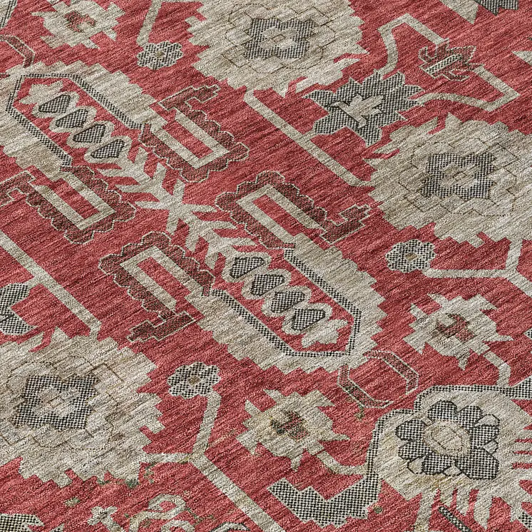 10' X 14' Red Beige And Charcoal Oriental Washable Indoor Outdoor Area Rug