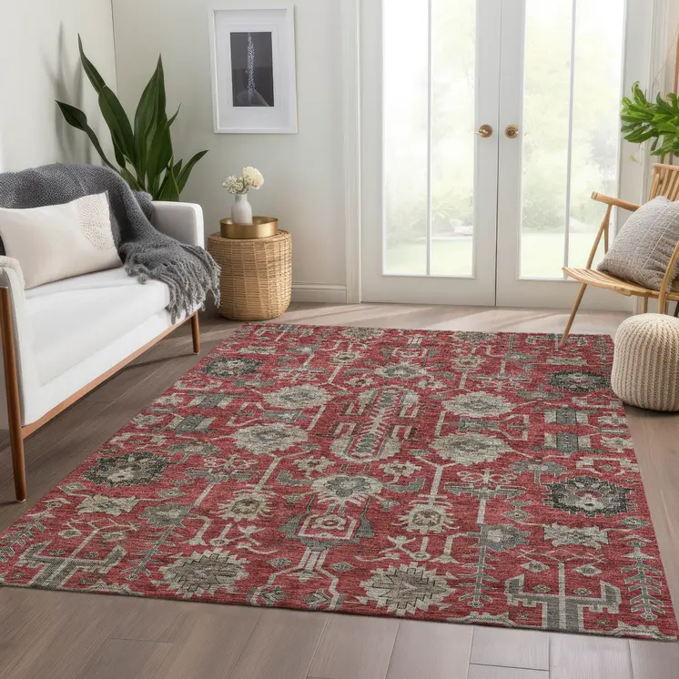 10' X 14' Red Beige And Charcoal Oriental Washable Indoor Outdoor Area Rug