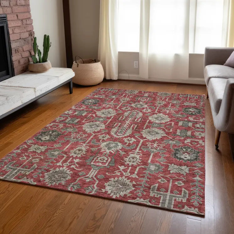 10' X 14' Red Beige And Charcoal Oriental Washable Indoor Outdoor Area Rug